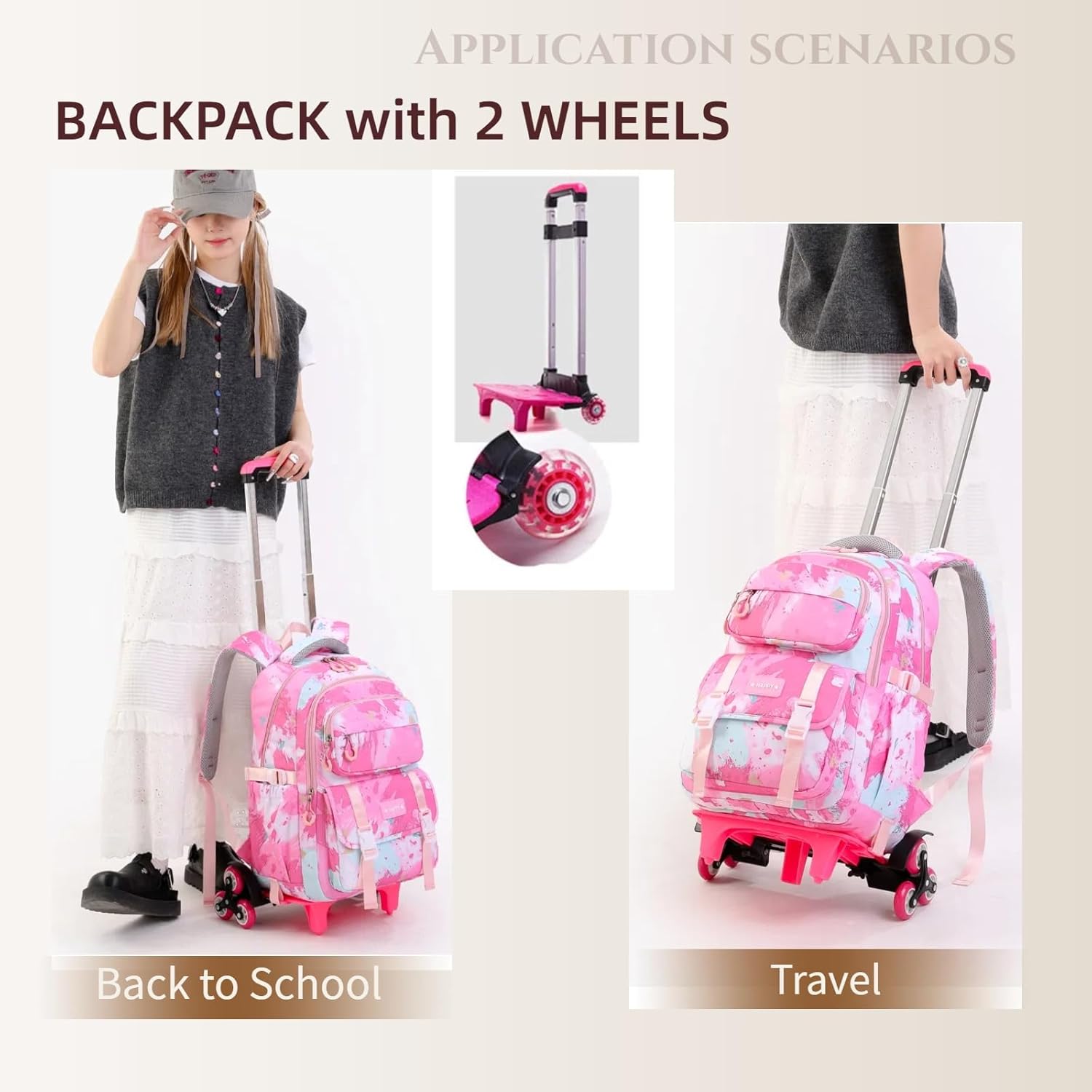 Kids Rolling Backpack for Girls School Backpack with Wheels for Girls Wheeled Bookbags Roller Trolley Bags for Primary Students, 2-Wheel Pink - Image 2