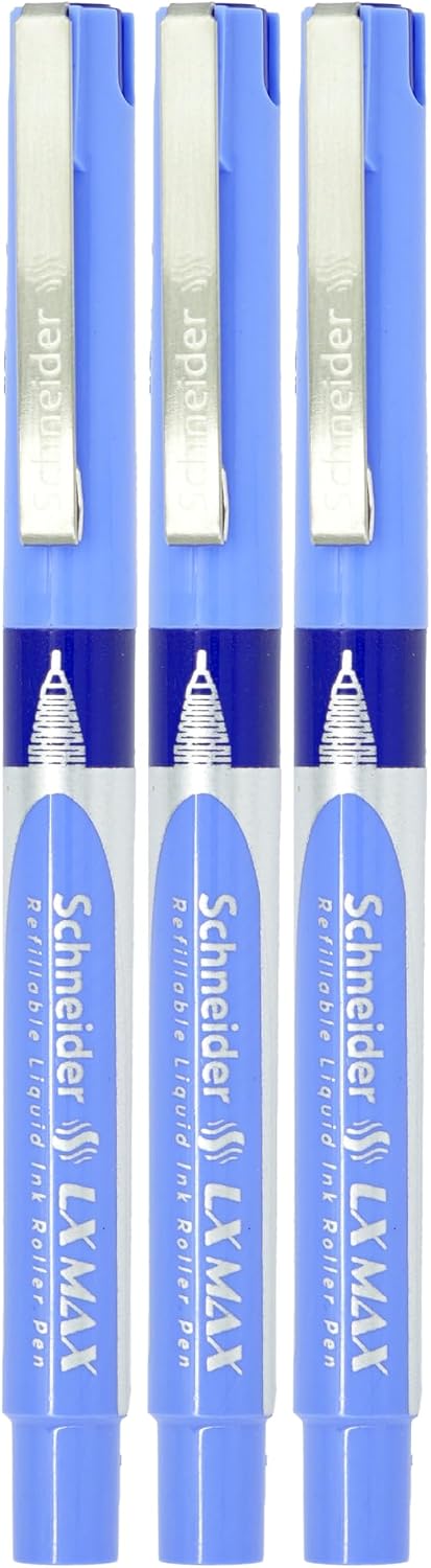 Luxor Schneider LX-MAX roller ball pen | Pack of 3 - Blue | Needle Tip | 0.5mm | 100% German Technology | 1000+ mtrs writing length | Waterproof Ink | Ideal for Students & Professionals