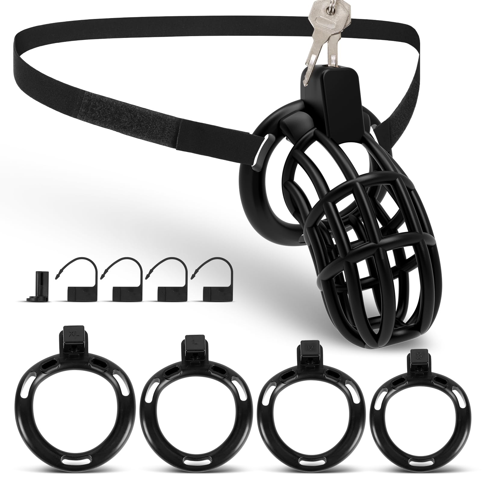 Male Chastity Belt Cock Cage - UTIMI Adjustable Plastic Chastity Strap Devices for Man 3D Printed Black Penis Bondage Cage Lightweight Adult BDSM Sex Toy with 4 Sizes Rings Invisible Lock and Key Black Medium