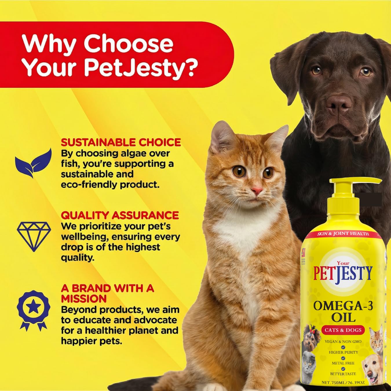 PetJesty Huile pure oméga 3 pour chiens et chats 750 ml – Soutien de la peau et du pelage oméga 3 – Complément alimentaire liquide pour animaux de compagnie – Animal végétalien + DHA pour fonction