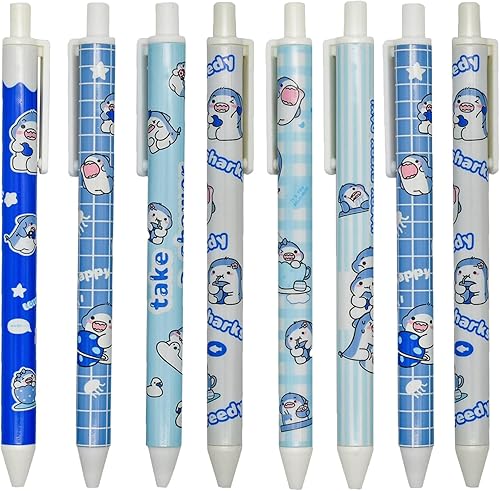 Maydahui 12 bolígrafos de gel de tiburón bebé azul, lindo bolígrafo de dibujos animados con estampado retráctil de peces de tinta negra para niños,