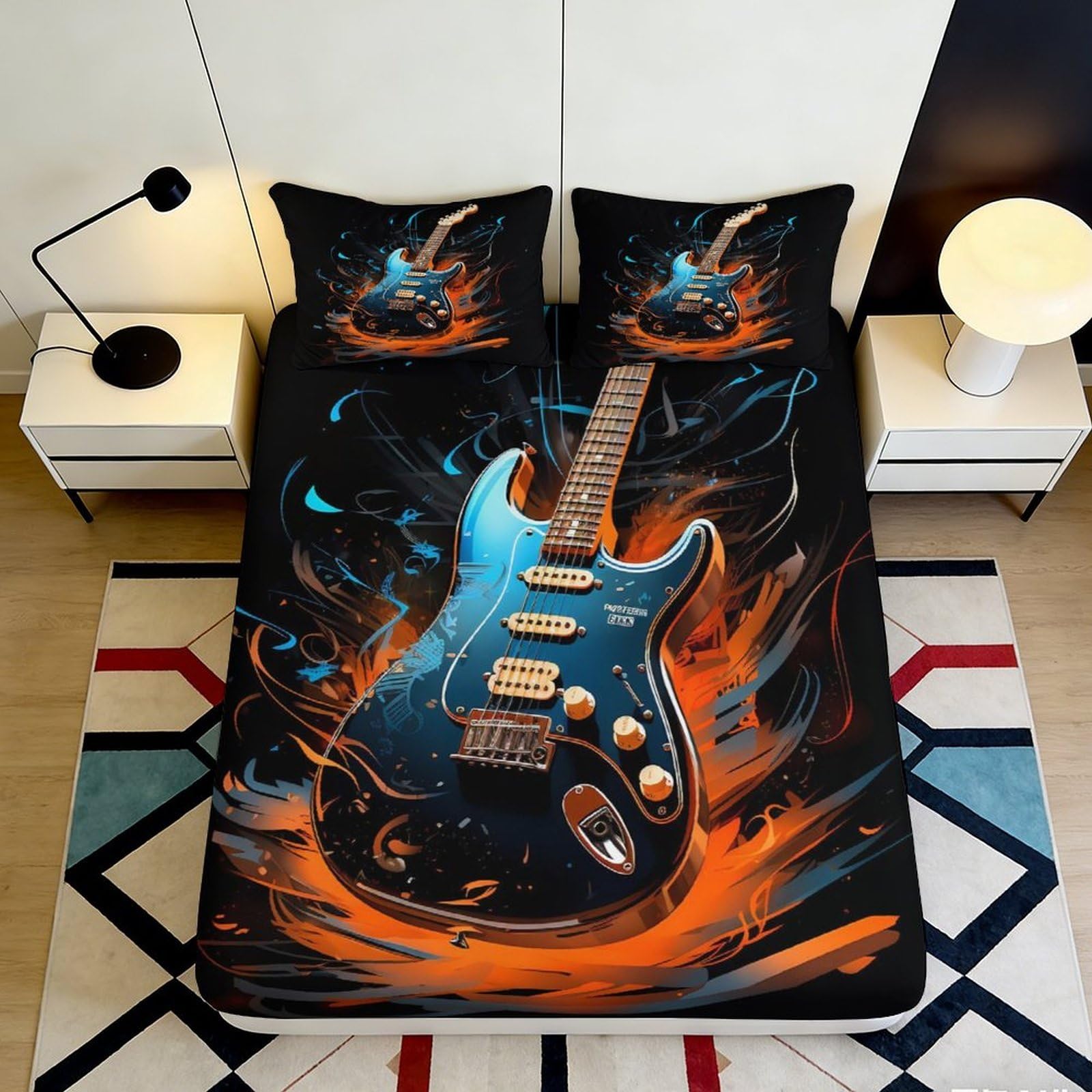 3D Printed Electric Guitar Fitted Sheet Microfiber Anti-Slip Music Flames Bed Cover Bedroom Dorm Decor 120x200cm 180x200x25cm