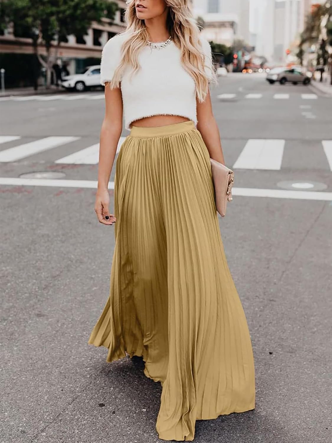 Women's High Elastic Waist Pleated Flowy Swing A-line Maxi Skirts