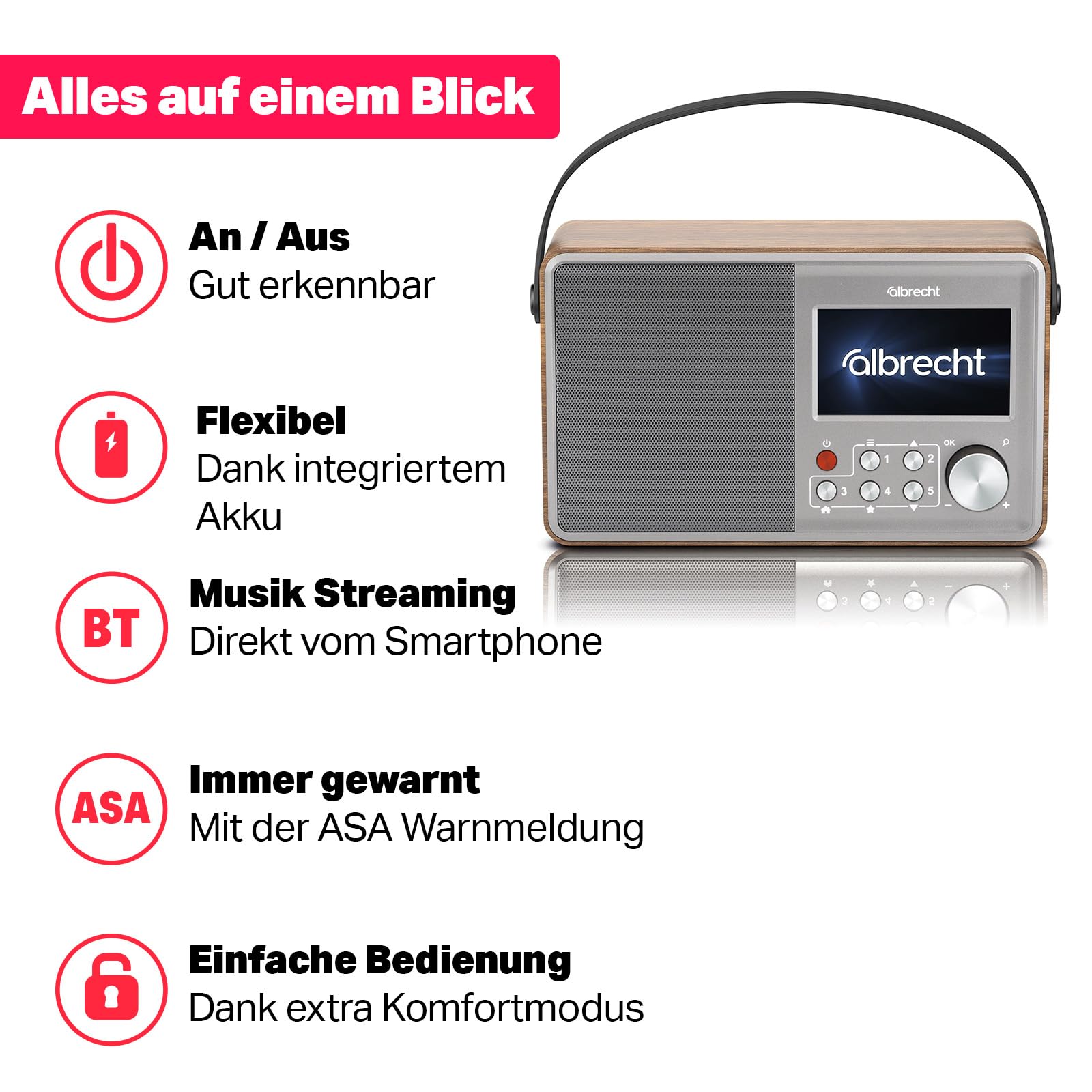 Albrecht DR 862 tragbares DAB+ & UKW Radio, Komfortmodus, Musik-Streaming | Seniorenfreundliches Digitalradio mit einfacher Bedienung, 4,3 Zoll großes Farbdisplay, Akku- oder Netzbetrieb, 15h Akku