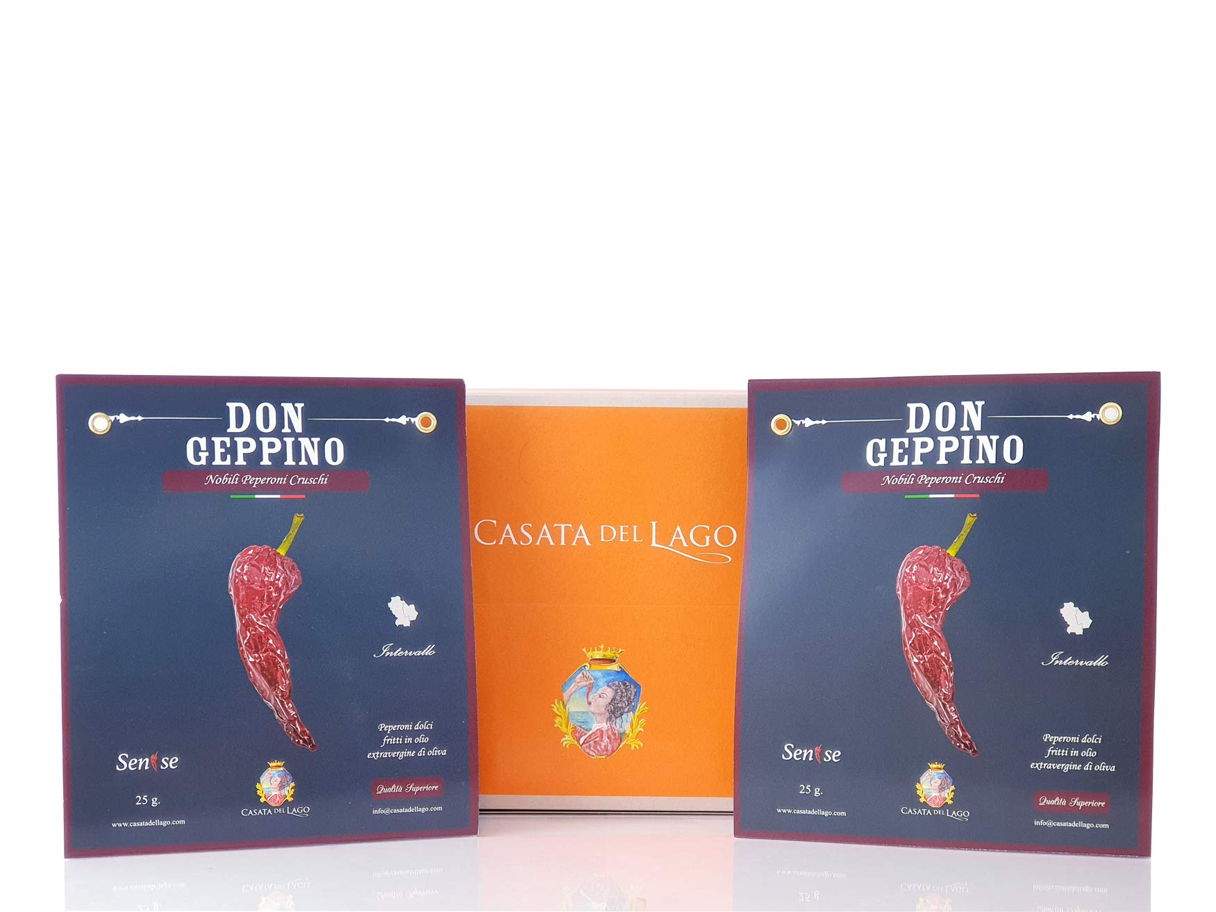 Peperoni Cruschi, la confezione completa: 2 confezioni Don Geppino da 25 grammi e 1 confezione Don Gustavo da 100 grammi