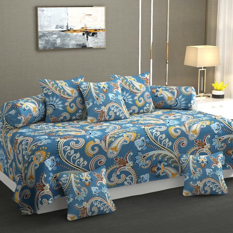 Image of Cotton 8 Piece Diwan Set 1 Bed Sheet 2 Bolster Cover 5 pcs Cushion Cover (Light Blue)