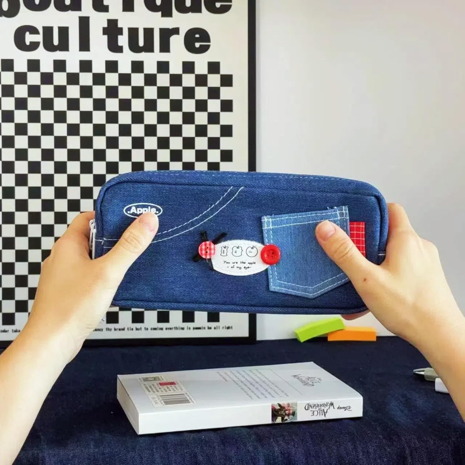 Canvas Pencil Case Large Capacity, Big Denim Pen Pouch with Zipper, Cute Durable Portable Stationary Storage Bag Organizer for Adults Women, Dark Blue, Button