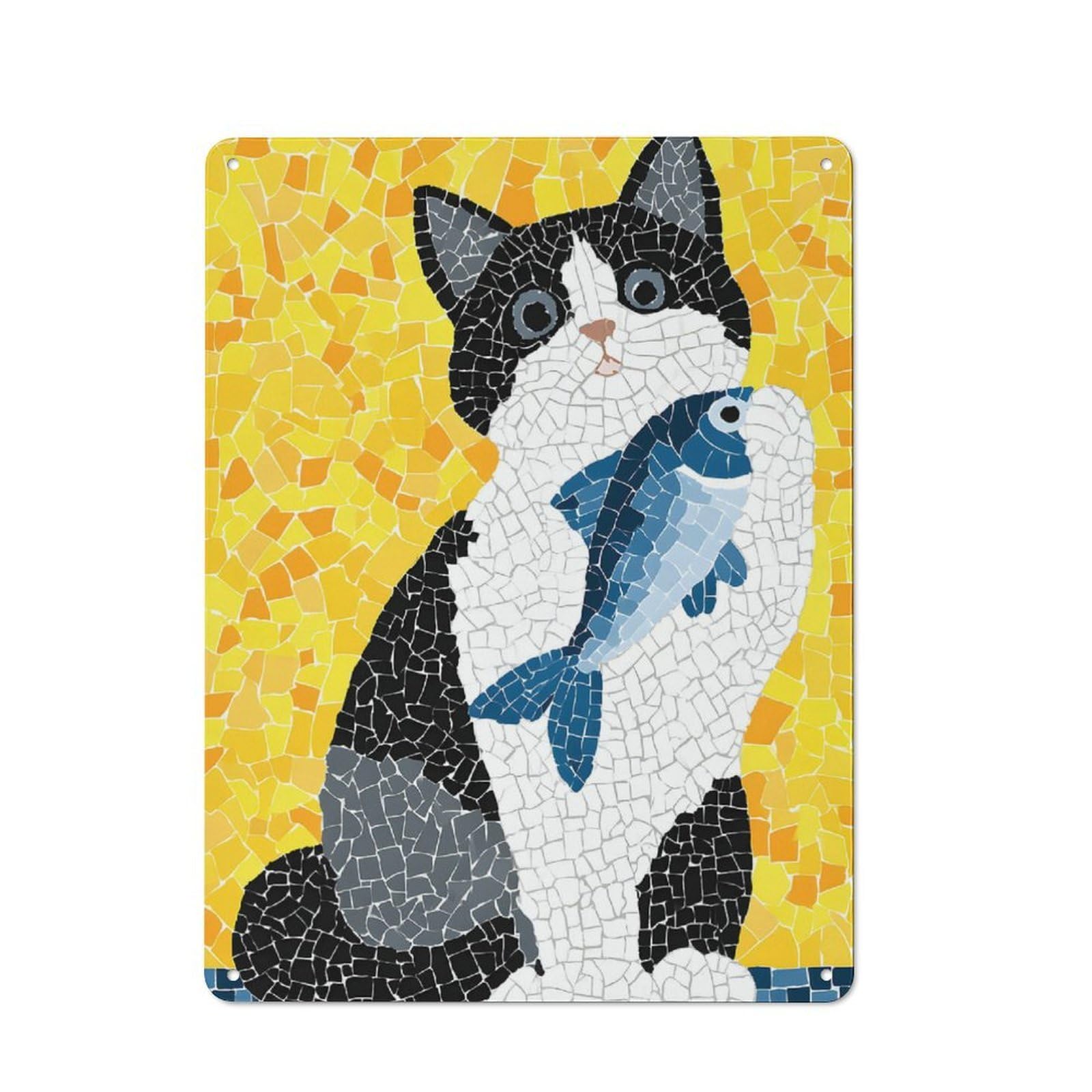 Junmoney Style-12 Metal Plaque 40X30cm With Mosaic Cat With Fish For Pub Or Café, Retro Decor, For Pub Decor Enthusiasts Refreshing A Room In Autumn