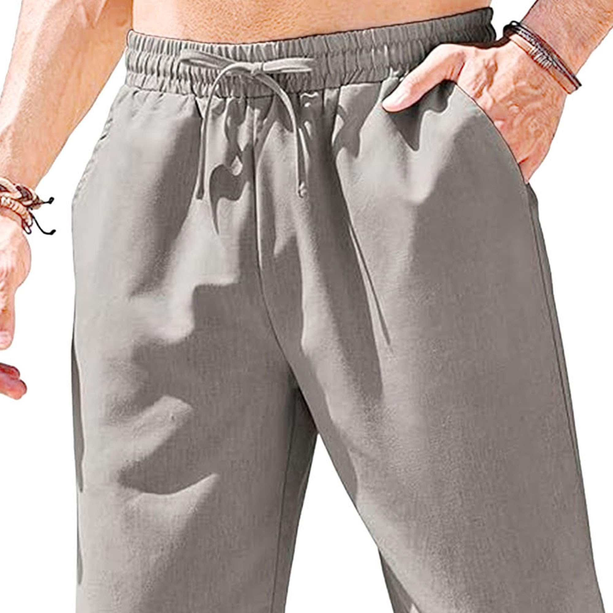 Qolkmuiy-GJ Men's Cotton Yoga Straight-Leg Slack Summer Beach Linen Pants Casual Lightweight Elastic Waist Trousers (Dark Grey,Small)