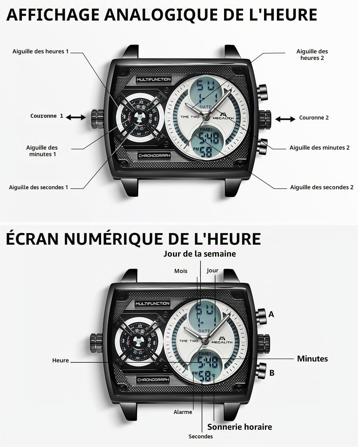MEGALITH Montre Homme Grand Cadran Carré Design Zone Multi-temporelle Digitale Etanche Analogique Quartz Montre Bracelet Homme Mode