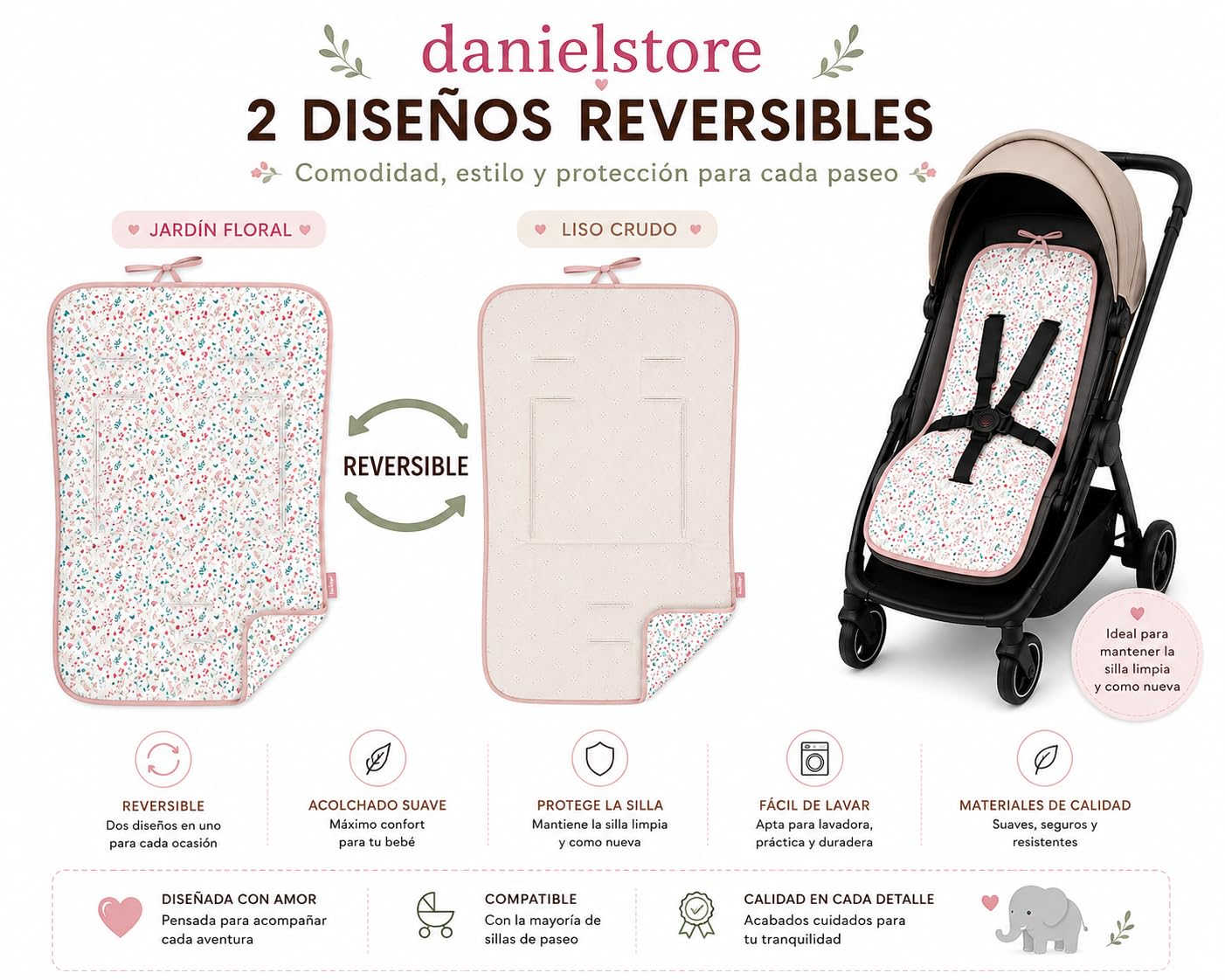Danielstore Colchoneta Silla Paseo Universal Funda Carrito Bebé Transpirable Reversible Colchón Carro Bebé Verano Antideslizante Altura Ajustable
