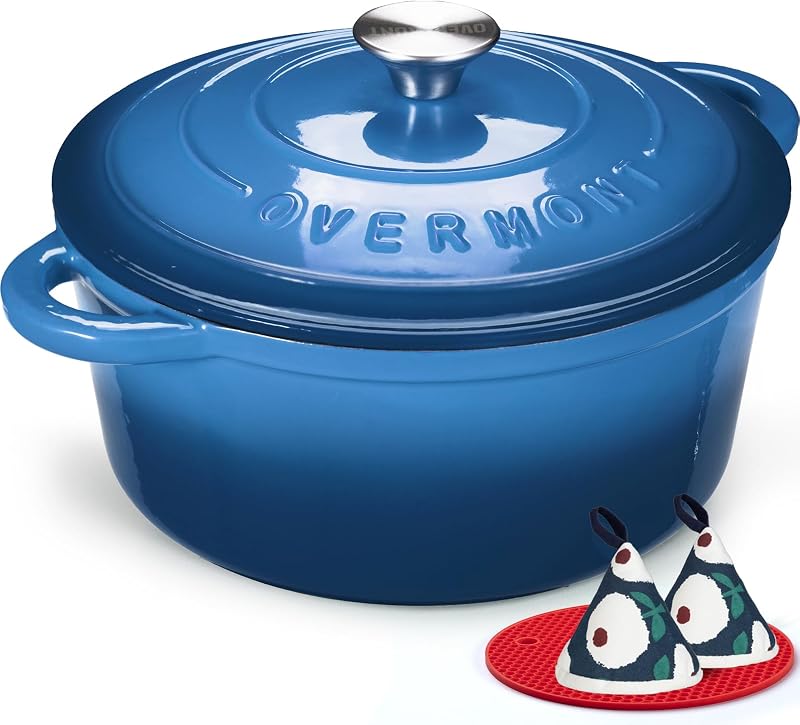 Overmont Horno holandés de hierro fundido esmaltado - Olla de 7 cuartos con tapa, libro de cocina y agarraderas de algodón - Utensilios de cocina resistentes para estofar, guisos, asar y hornear masa fermentada azul