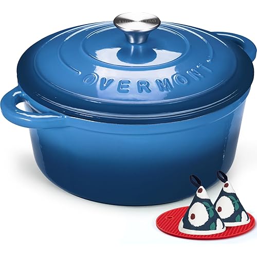 Overmont Enameled Cast Iron Dutch Oven - 4.5QT Pot with Lid Cookbook & Cotton Potholders - Heavy-Duty Cookware for Braising, Stews, Roasting, Sourdough Baking blue