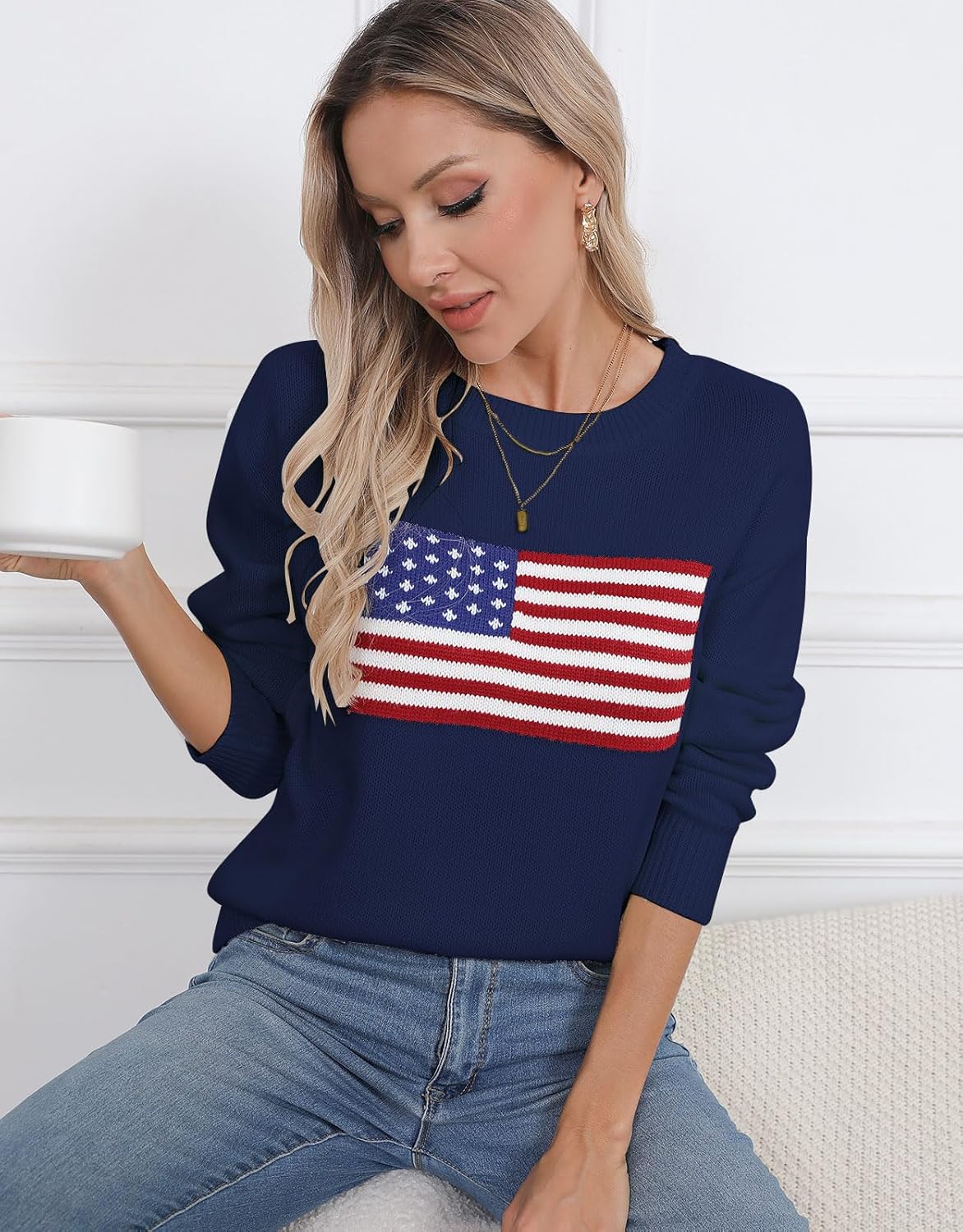 Women's American Flag Pullover Sweaters Long Sleeve Crew Neck Summer Ligthweight Sweater Apricot Medium - Image 2
