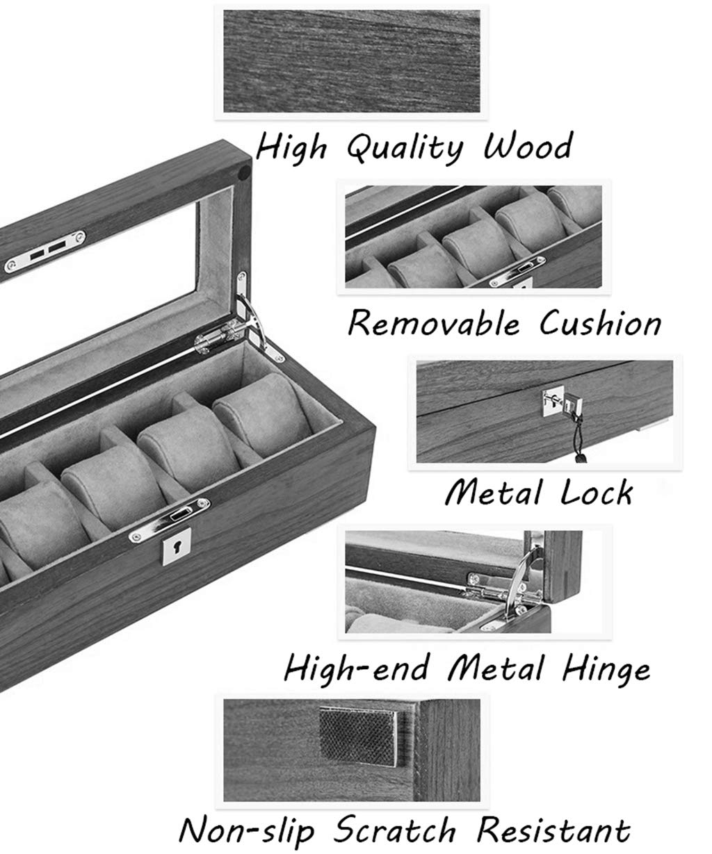 Caja de almacenamiento para exhibición de joyas y relojes de 5 rejillas, organizadores de pulseras, cajas de exhibición con 5 cojines extraíbles y tapa de vidrio para hombres y mujeres (marrón)