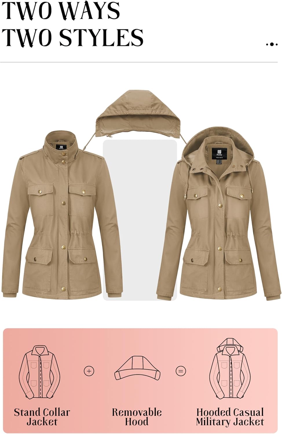 Pursky Women's Cotton Anorak Lightweight Military Jacket Warm Utility Casual Coat With Removable Hood