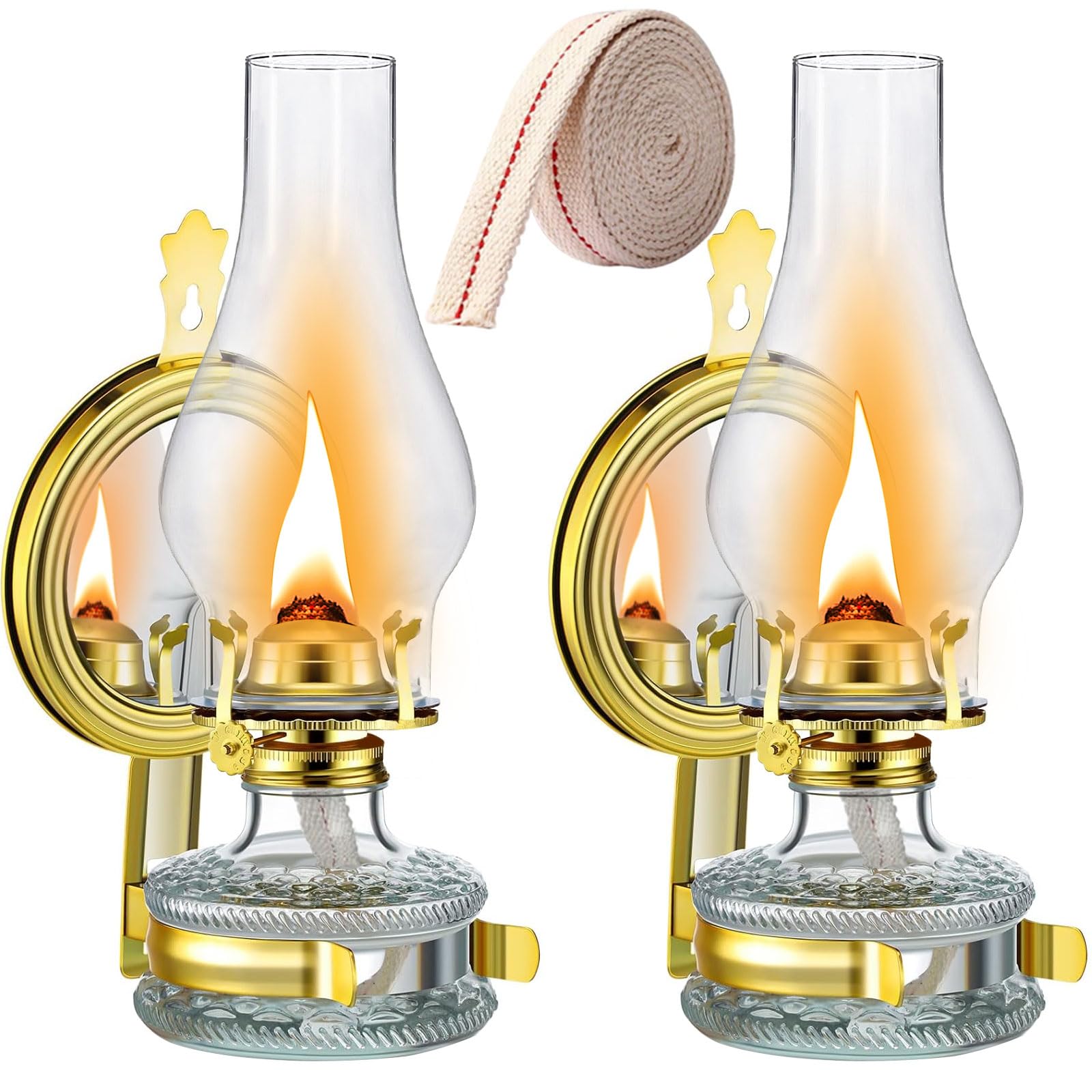 GXFCCYXT 2 Pcs Large Vintage Glass Clear Kerosene Lantern Wall Mounted Rustic Oil Lamp with 39 Inch Oil Wick for Indoor Use Home Decor Lighting - Gold