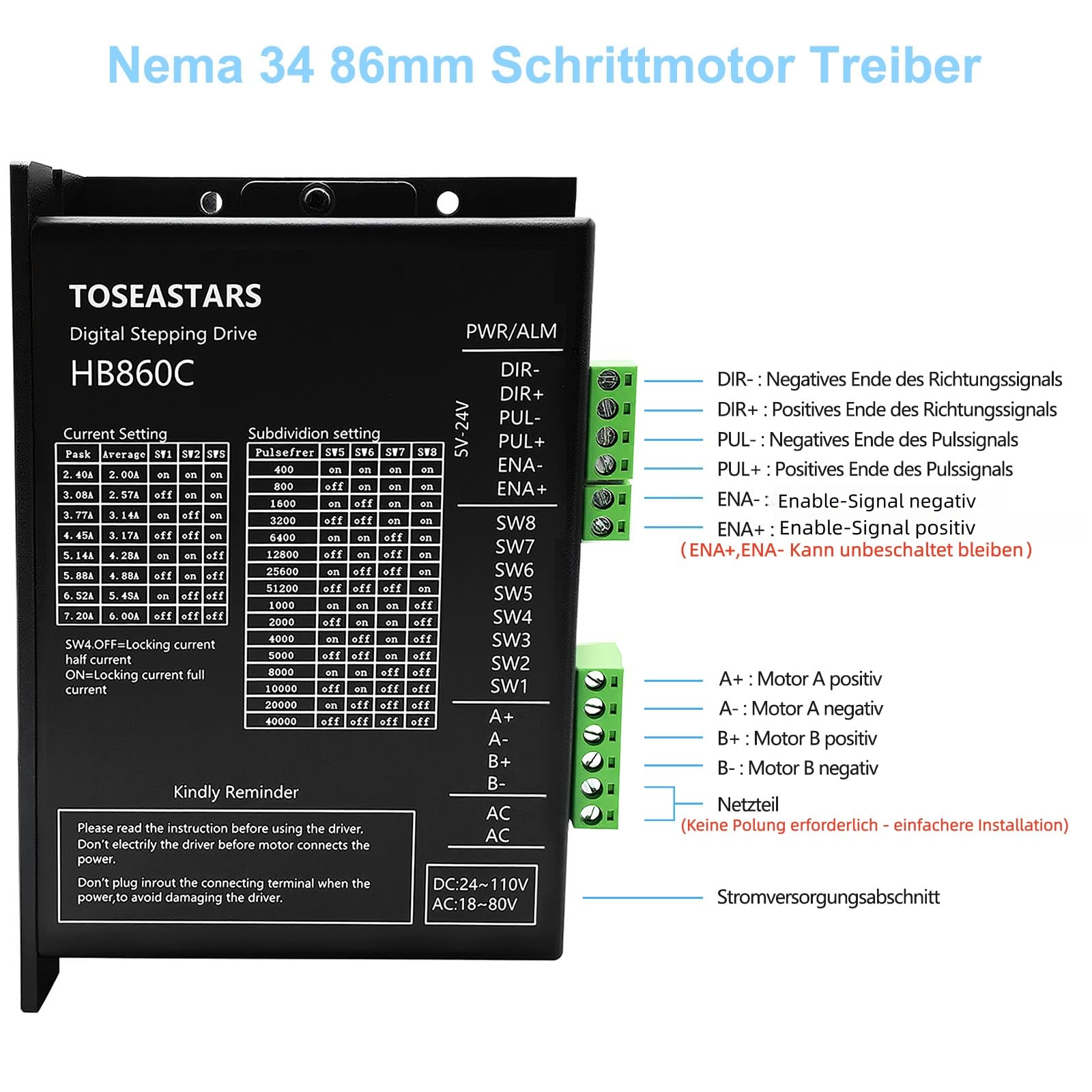 Nema - Kit motore passo-passo 34, 12 Nm, 120 Ncm, 1700 oz-in 2PH 6,0 A, 14 mm, albero Nema34, 86 mm, motore stepper e 2,4 – 7,2 A, 24 – 110 VDC