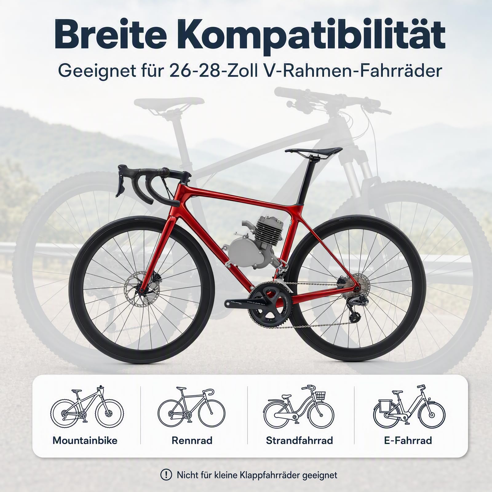 80cc，2-Takt Fahrrad Benzinmotor Kit，EinzylinderCDI Zündung, luftgekühlter Hilfsmotor mit 2L Tank, Aluminium Motorkörper, für 26/28 Zoll V-Rahmen Fahrräder, max 40km/h