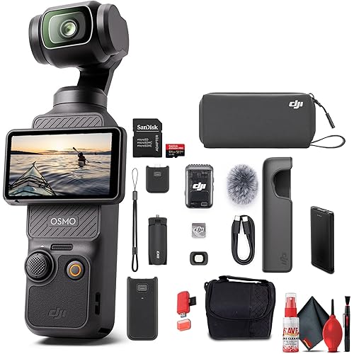 DJI Osmo Pocket 3 Creator Combo, 4K/120fps Video 3-Axis Stabilization, Handheld Vlogging Camera with Touchscreen Mic 2 (CP.OS.00000302.01) + P-Bank + 64GB Memory Card + Camera Bag + More