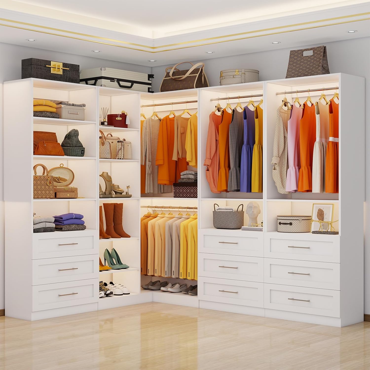 Closet System with 4 Sets, 8.5FT-21.5FT Corner Closet Organizer System with 9 Drawers & 12 Shelves & 8 Hanging Rods, Custom L-Shaped Modular Walk-in Closet Organizers and Storage System Corner, White