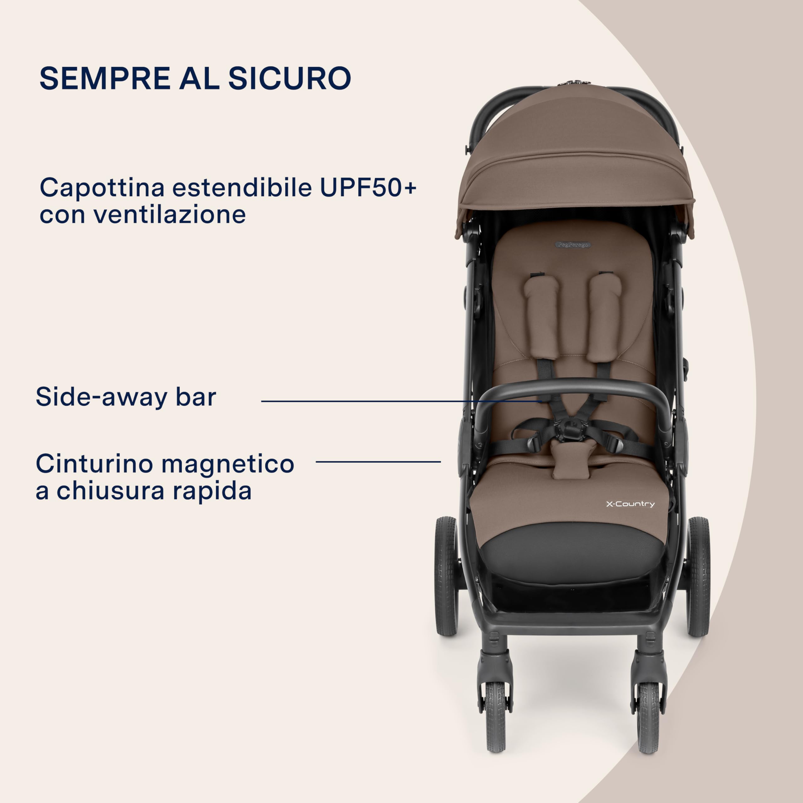 PEG X-Country Passeggino Fuoristrada Leggero Off-Road, Parapioggia Incluso, Ruote XL All-Terrain Ammortizzate, Schienale Reclinabile, Chiusura Automatica, 0-22 kg, Pine Bark