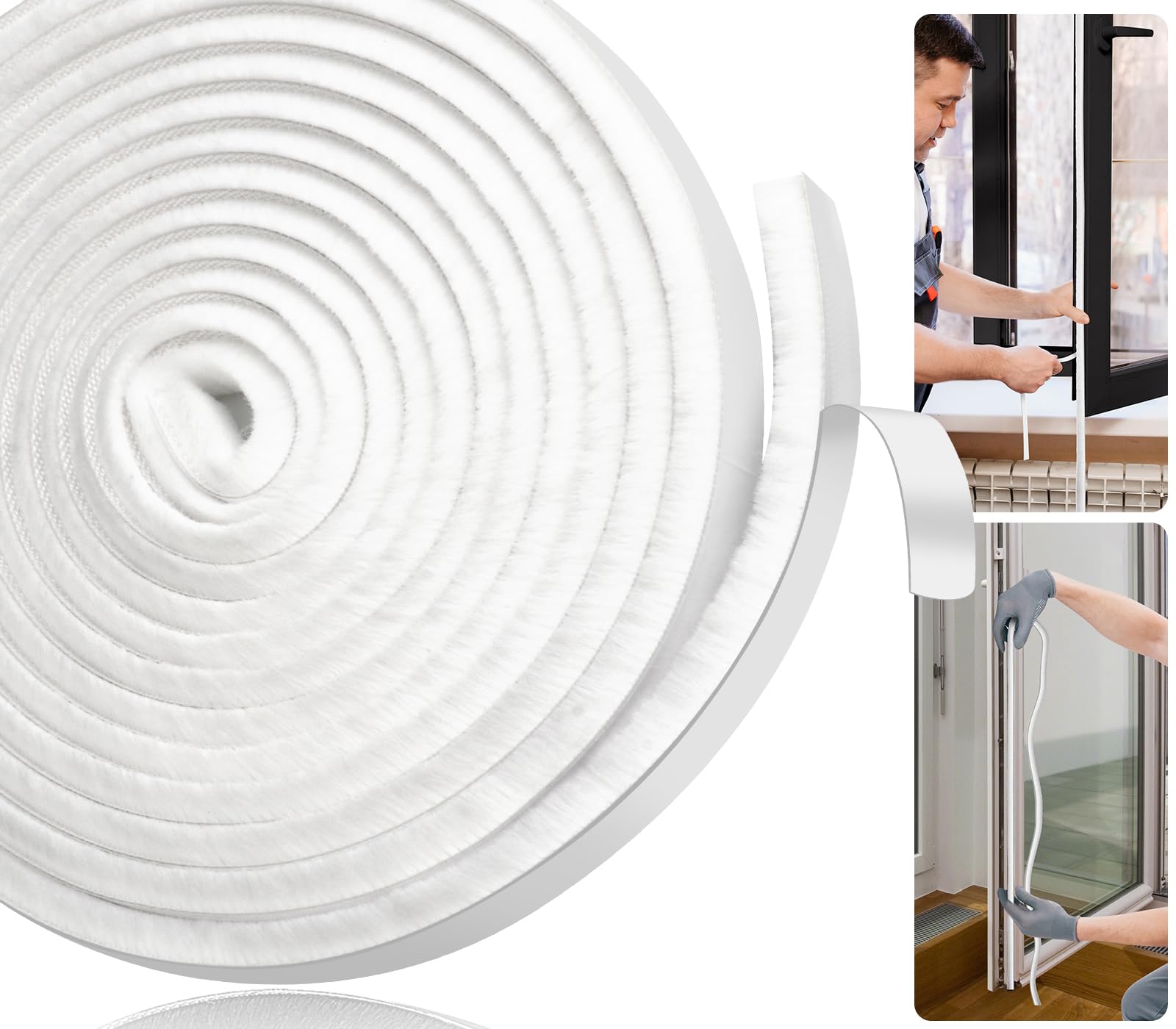 Joaercs Draft Excluder for Doors, Draught Excluder for Windows, 5Meters(L) x 9mm(W) x 9mm(T) Self-Adhesive Brush Seal Strip, Stop Draught for Door, Window, Wardrobe, White