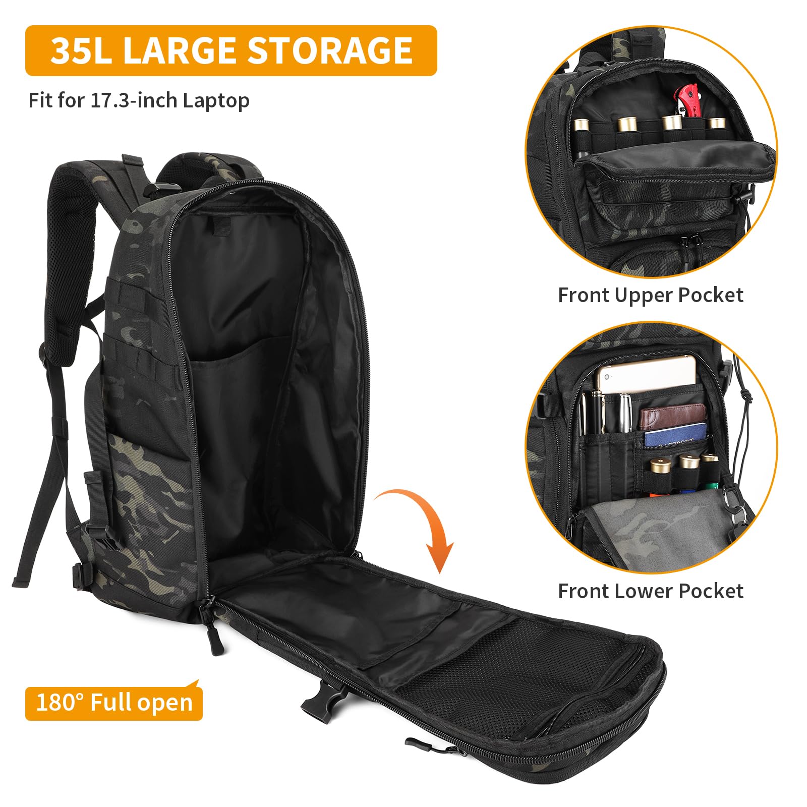 HUNTVP Wojskowy plecak taktyczny 35 l dla mężczyzn i kobiet, Molle plecak turystyczny z kieszenią na laptopa 43.9 cm i uchwytem na butelkę, wojskowa torba na owady, plecak na co dzień, na kemping