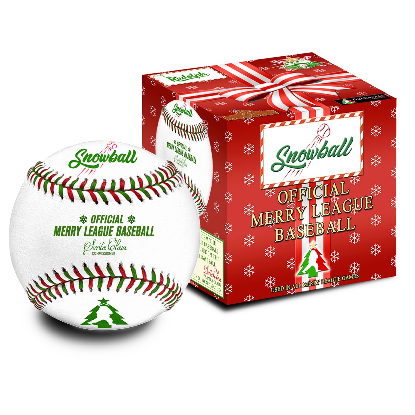 Rudolph Official Christmas Baseball of The Merry Leagues. Baseball Stocking Stuffer. Genuine Game Ready Baseball. Pitcher, Catcher, Batter Christmas Baseball Gift. (Snowball)