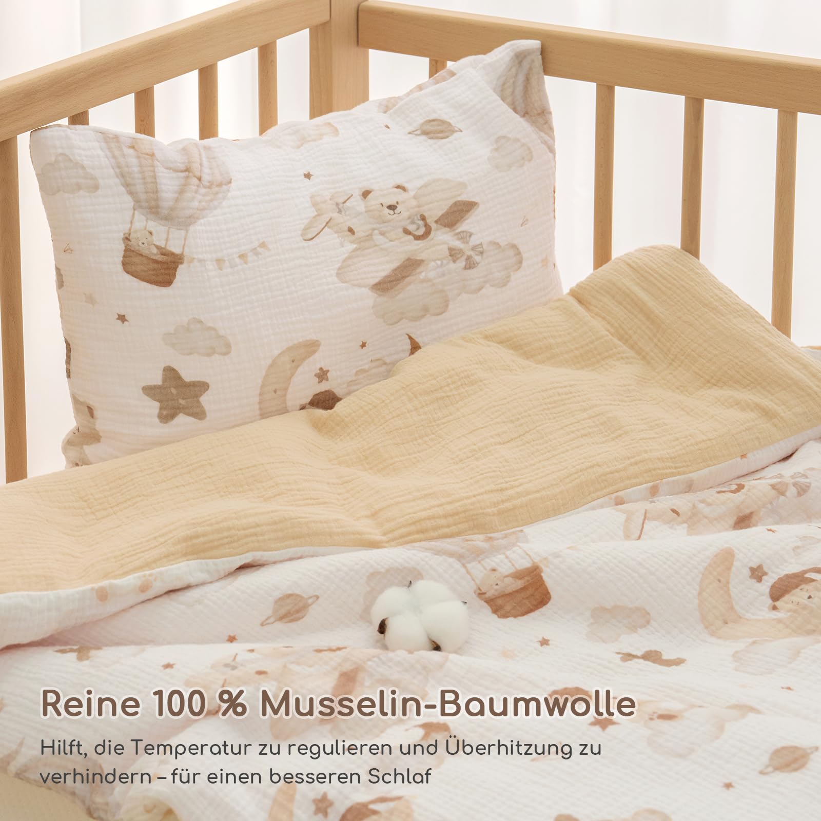 Musselin Kinderbettwäsche 100x135 – Bettbezug 100x135 & Kissenbezug 40x60 cm aus 100% Baumwolle – Atmungsaktives Bettwäsche Set für Baby Kinder (Brauner Ballon)