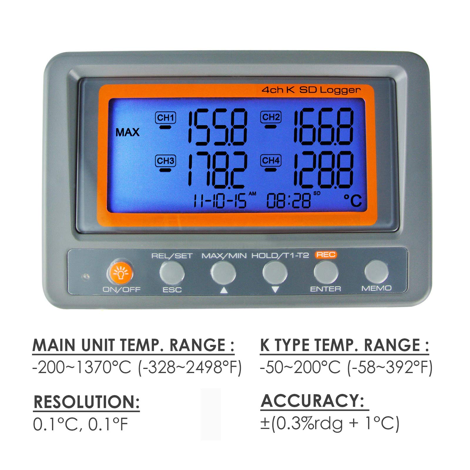 Gain Express 4 Kanäle K-Typ Thermoelement Temperatur-Datenlogger Recorder mit SD-Karte, hohe Genauigkeit, großes LCD-Display, hoher/niedriger Alarm