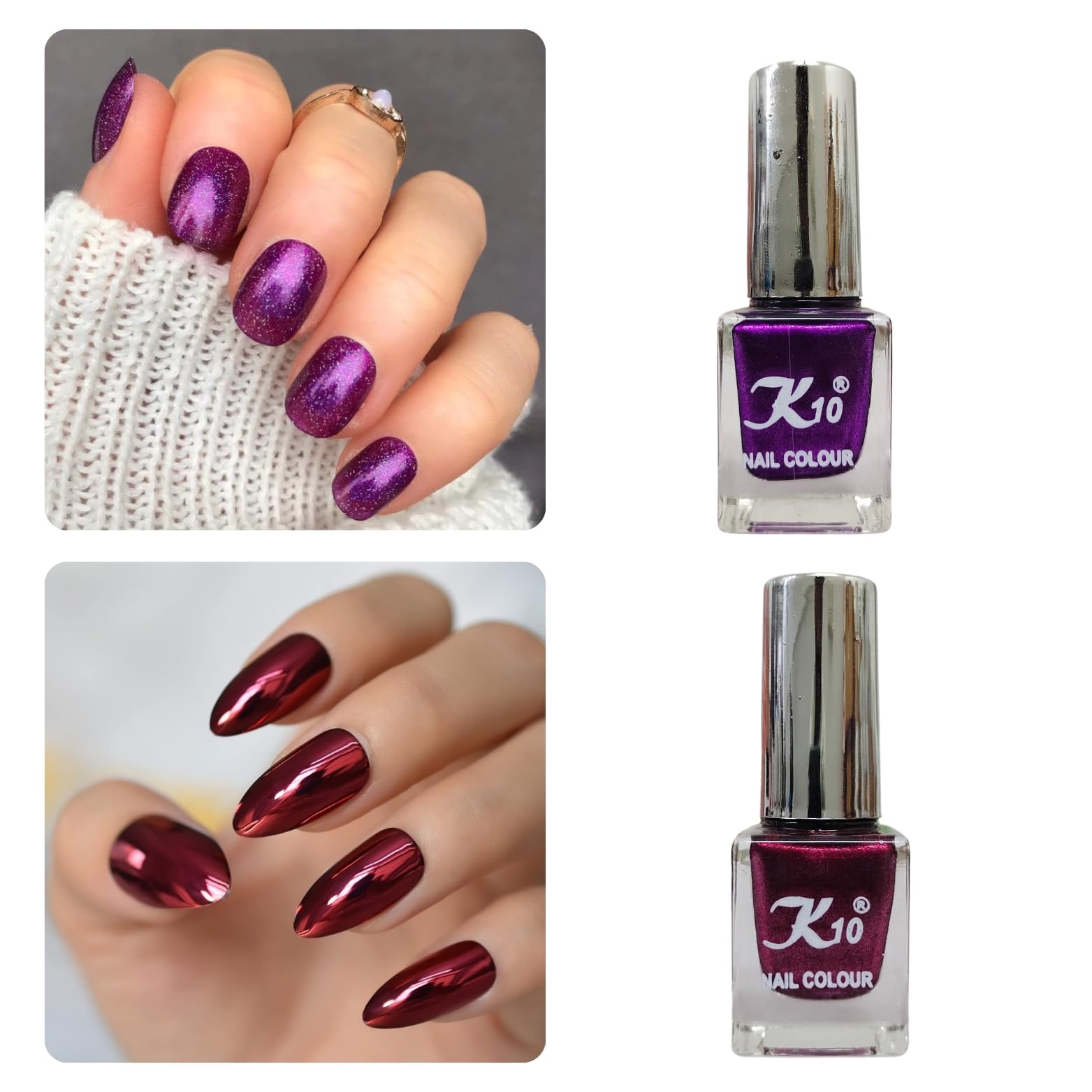 K10 Nail Polish| Metallic Finish Nail Paint|Quick Drying| Non UV Polish - Gel Finish |Chip Resistant Long-Lasting Multicolor Nail paint for Women and Girls | Purple And Maroon| Set of 2| (12ml each)-image-21