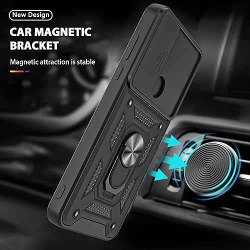 Miniatura 4 de Funda para Moto G Play 2023, con protector de pantalla de vidrio templado 2 piezas y cubierta de cámara deslizante, soporte de anillo de rotación de