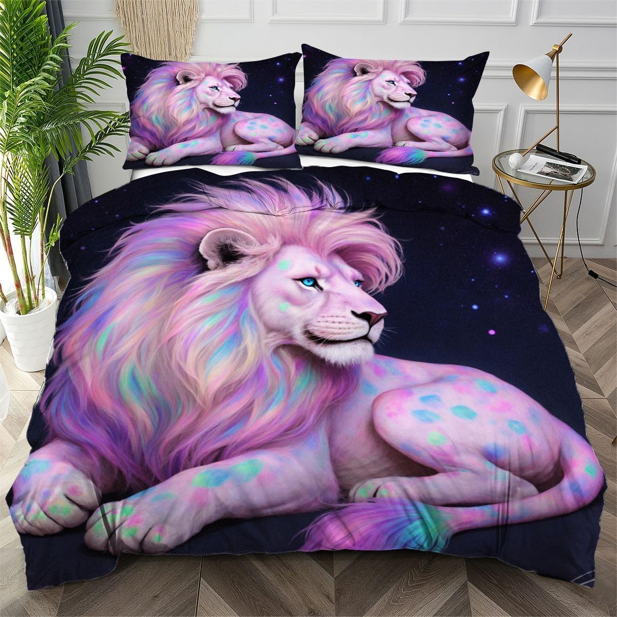 Housse de couette lion coloré 160x200 en microfibre thermorégulatrice avec fermeture éclair