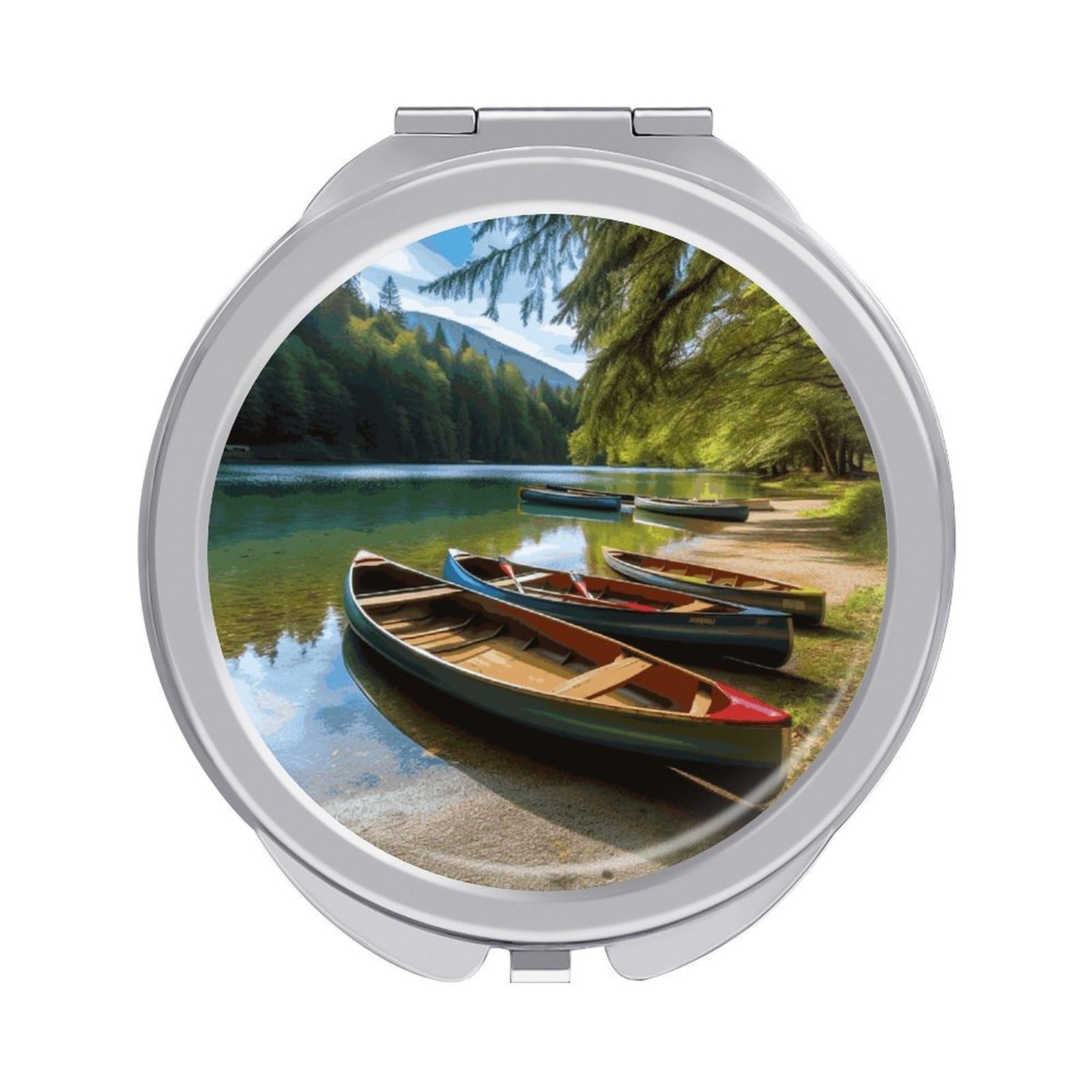 JTREHY Lake with Boats Canoes Park Makeup Mirror Portable Folding Mirror Compact Travel Mirrors 2-Sided Round Pocket Mirrors Cute Handheld Beauty Mirror for Handbag Purse for Women Gift