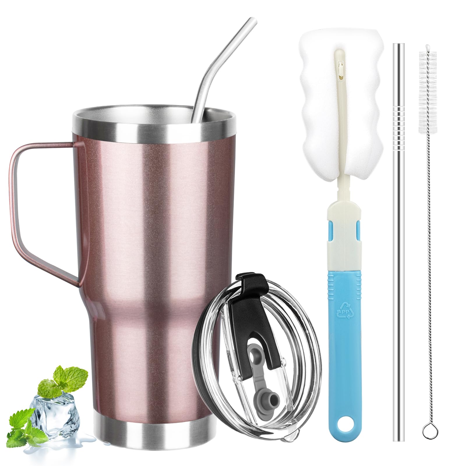 20 oz Tumbler with Handle, Stainless Steel Insulated Tumbler with Lid and Straw, Double Wall Vacuum Coffee Mug Tumbler, Insulated Coffee Thermal Cup for Cold and Hot (Rose gold)