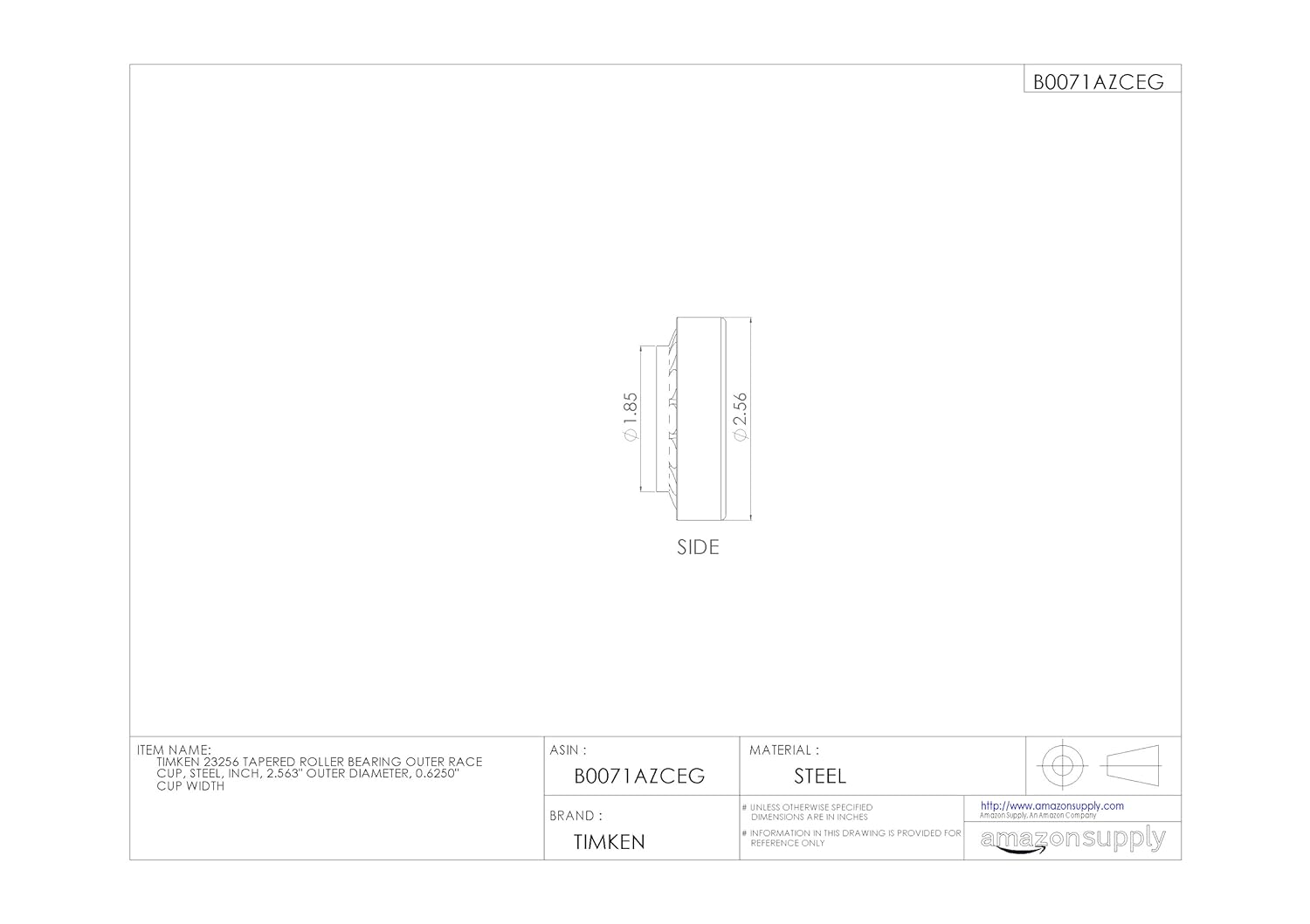 Timken 23256 Tapered Roller Bearing Outer Race Cup, Steel, Inch, 2.563" Outer Diameter, 0.6250" Cup Width