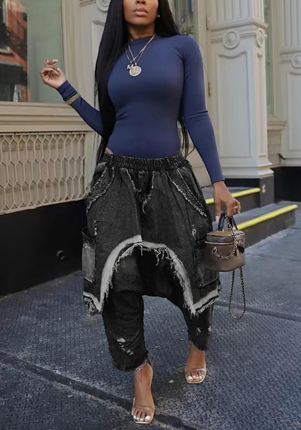 Women's Denim Harem Pants Elastic High Waisted Ripped Drop Crotch Jeans Baggy Stretchy Distressed Wide Leg Jeans