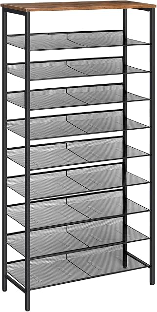 HOOBRO 10-Tier Shoe Rack, Tall Shoe Rack, Shoe Storage Organizer, Industrial Shoe Rack with Flat or Slant Adjustable Metal Shelves, for 27-36 Pairs of Shoes, Large Capacity, Rustic Brown EBF110XJ01