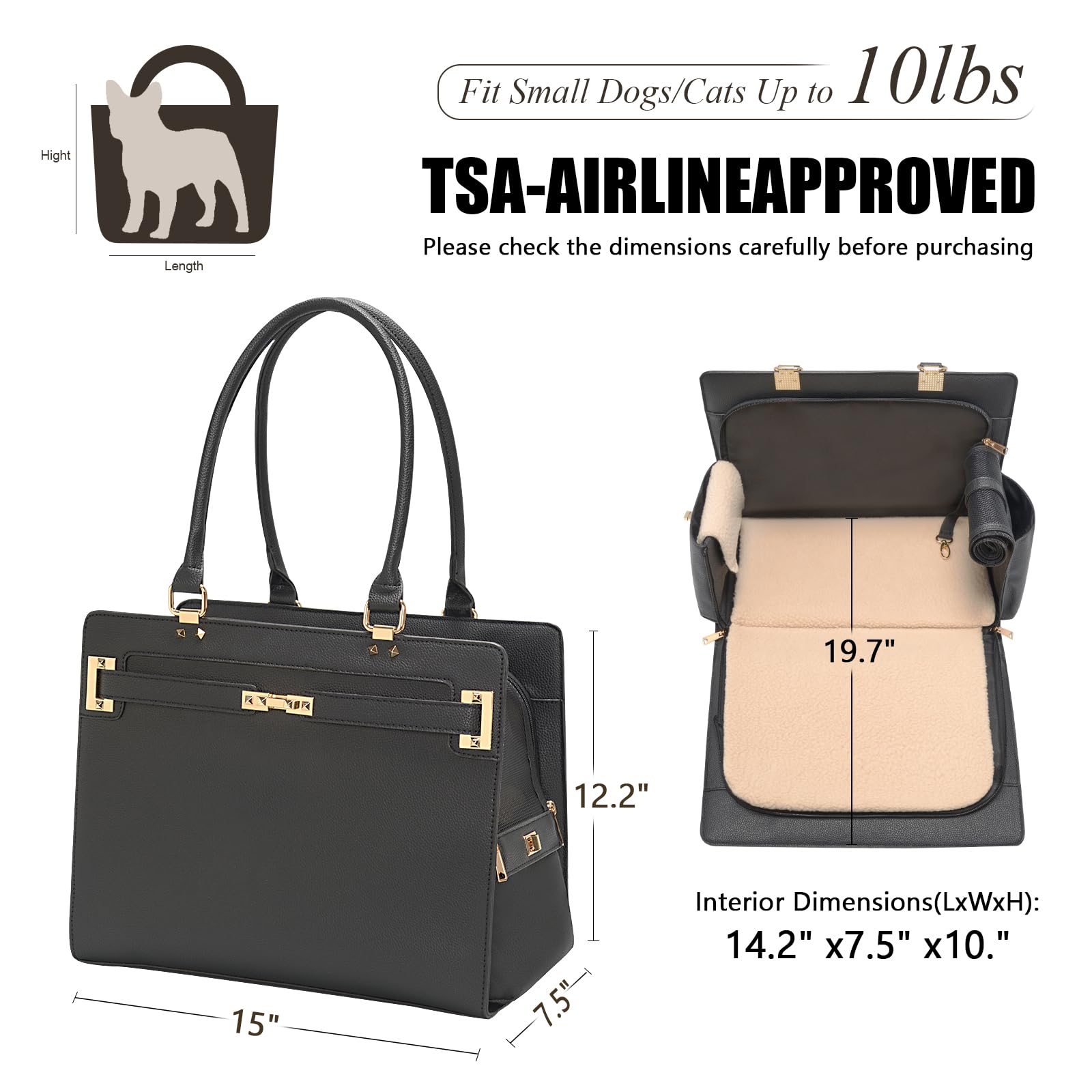 2-in-1 stilvolle Hunde-Geldbörse, weiche Seiten, Reisetasche, Tragetasche für kleine Hunde und Katzen, modische faltbare Haustiertasche für Welpen, kleine Tiere mit Taschen (schwarz, 38,1 cm L x 19,1