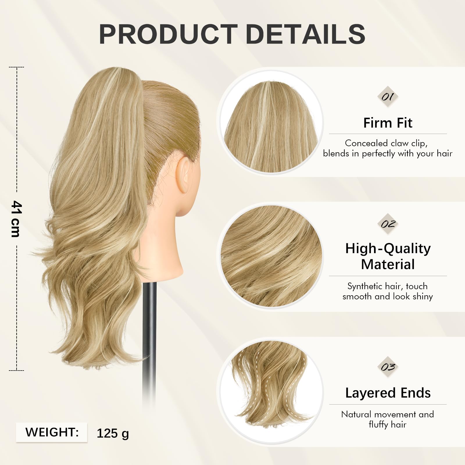 Sofeiyan Queue de Cheval Longue et Ondulée avec Pince, Extension de Queue de Cheval à Double Usage, 41 cm Synthétique Pince à de Ponytail Cheveux pour Femmes, Blond Miel avec des Mèches Blond Platine