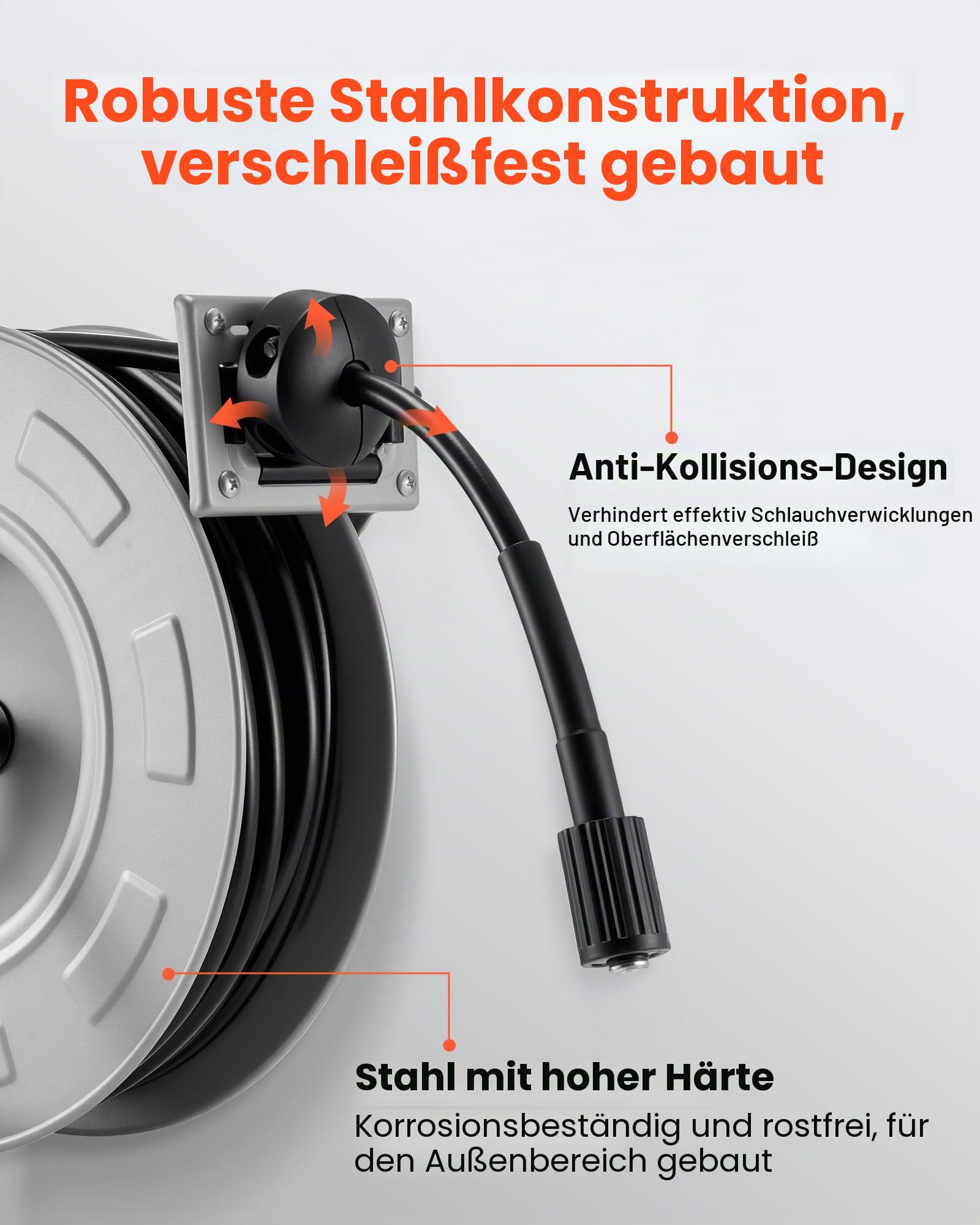 VEVOR Hochdruckreiniger-Schlauchtrommel, 19,8 m x 6,35 mm, Schlauchtaufroller aus Stahl, 220 bar max., automatisches Aufrollen, flexible Wand-/Bodenmontage für Autowäsche, Garten, Bodenreinigung