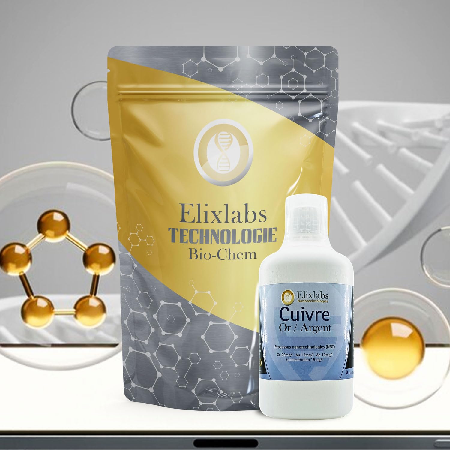 Rame oro argento - concentrazione di 10 mg/l (CU 8 mg/l – A 12 mg/l – Ag 10 mg/l) - 500 ml. Elixlabs® produzione francese di alta qualità e 100% naturale laboratorio certificato (Neutre)
