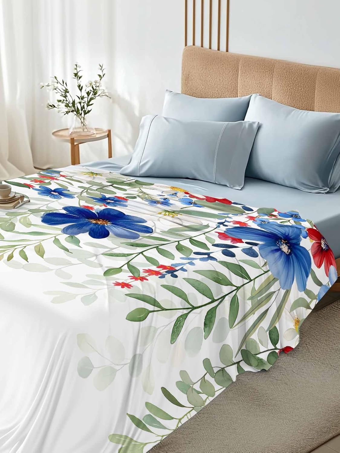 Top Sheet Full Bedding Flat Sheet Only, Independence Day Blue Red Flower Microfiber Bed Sheets Soft Breathable Bedding Flat Sheets, Watercolor Floral Leaf Hotel Luxury Top Sheets