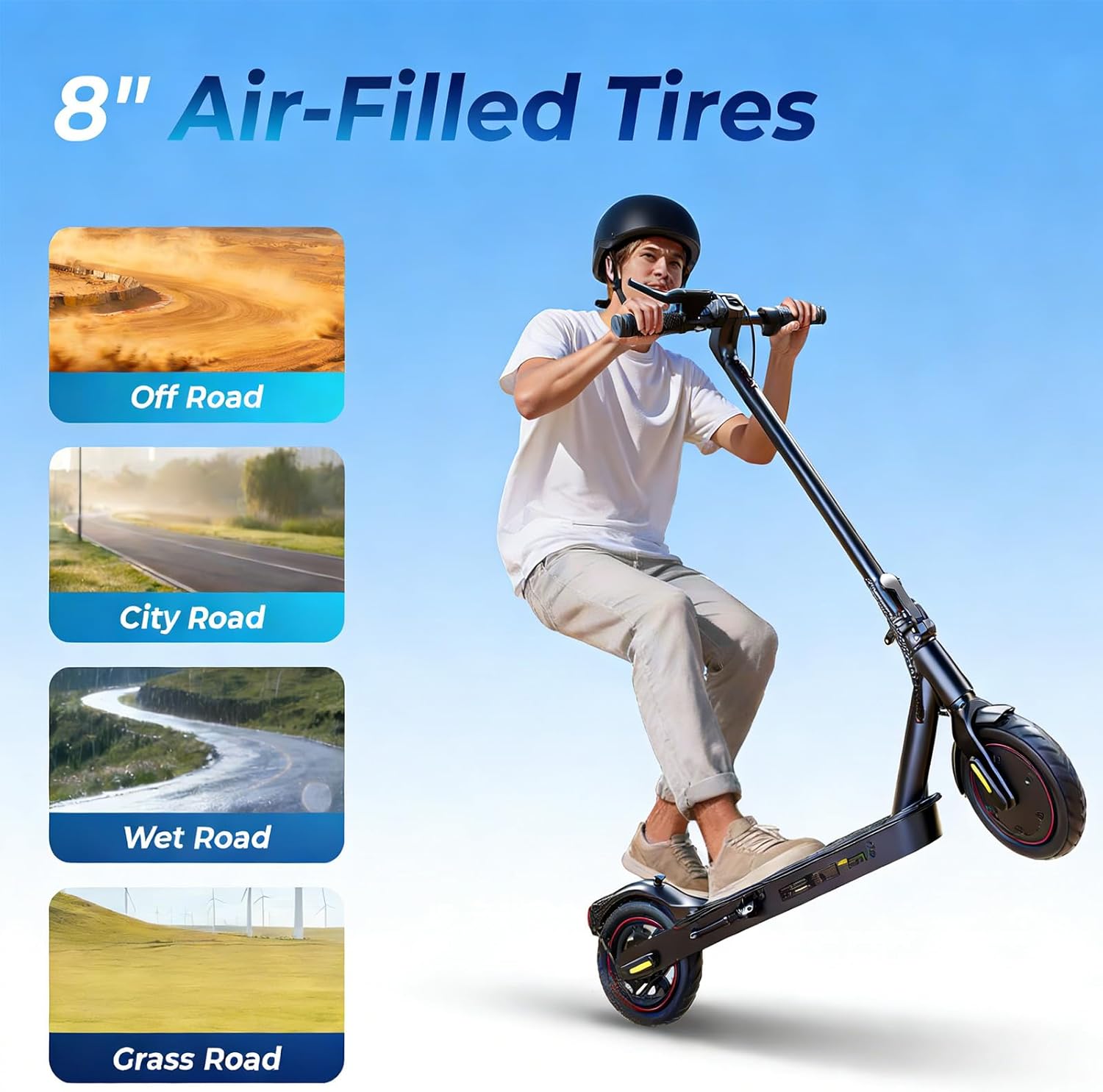 HopCycle HO1 Electric Scooter 8 inch air-filled tires on various terrains
