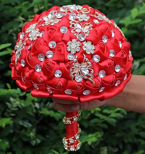 Miniatura 5 de Sharebeauty Ramo de novia de satén hecho a mano de 8.3 pulgadas, ramo de boda redondo, ramo de flores artificiales, color rojo