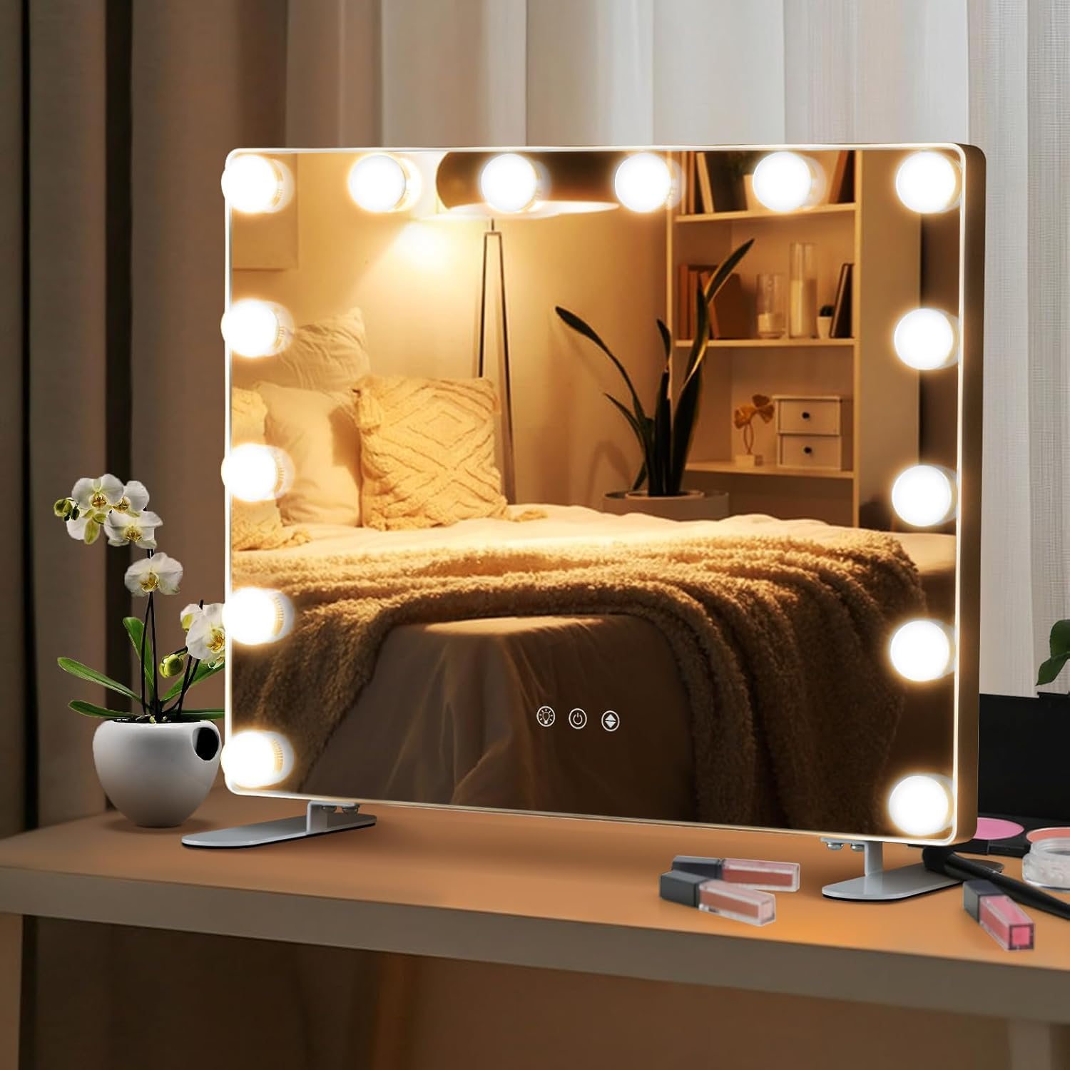 FANTASK 2-in-1 Hollywood-Spiegel mit 14 dimmbaren LED-Lichtern, Schminkspiegel, Kosmetikspiegel mit Smart-Touch-Steuerung, Tischspiegel mit Metallständer