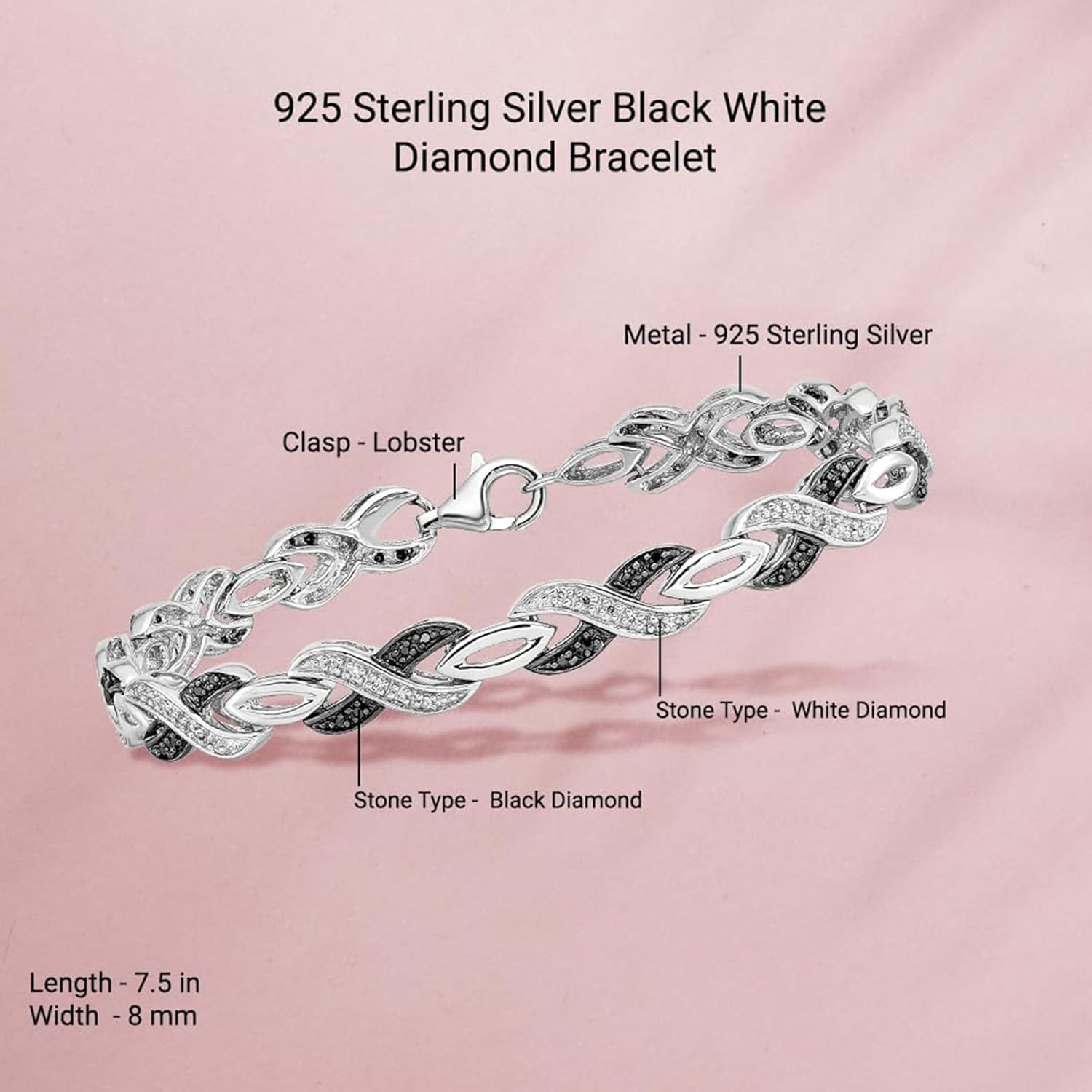 Diamond2Deal 925 Sterling Silver Black White Diamond Bracelet 7.5"