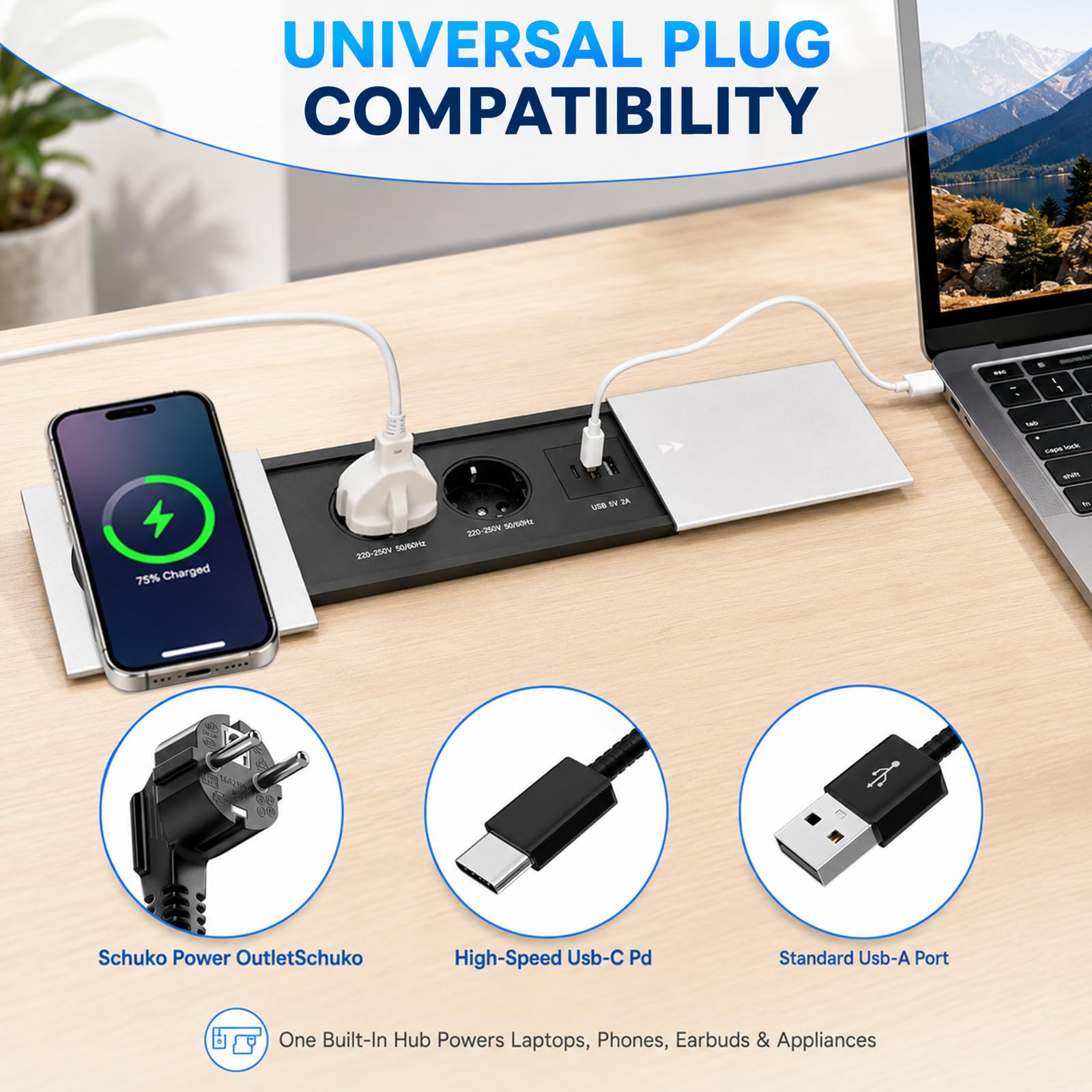 Enchufe de Escritorio Empotrable con 20W USB-C y Carga Inalámbrica(Plateado)