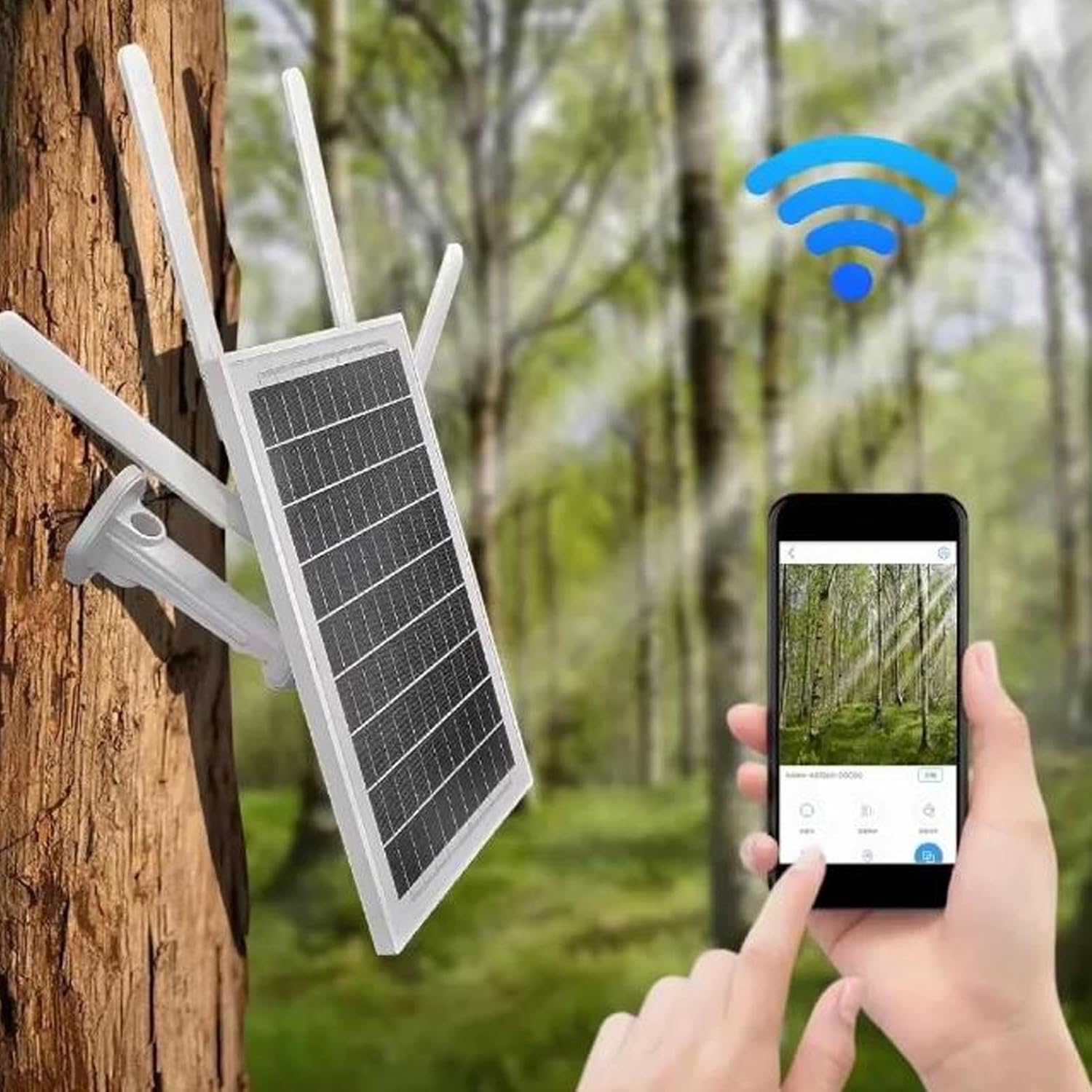 ASHATA router mounted on a tree, with a smartphone displaying a security camera feed, indicating remote monitoring capability.